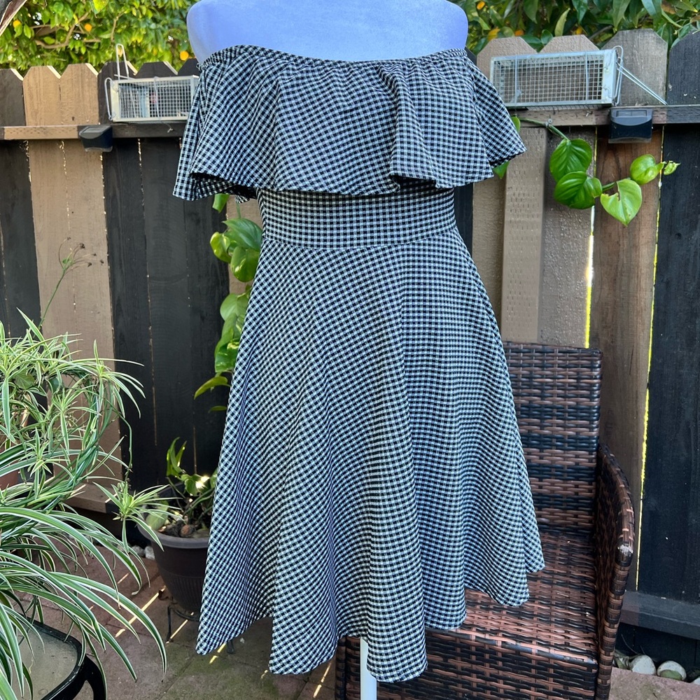 Black and white gingham off the shoulder mini dress